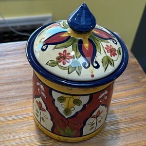 Pier 1 Multicolor Floral Ceramic Canister With Lid